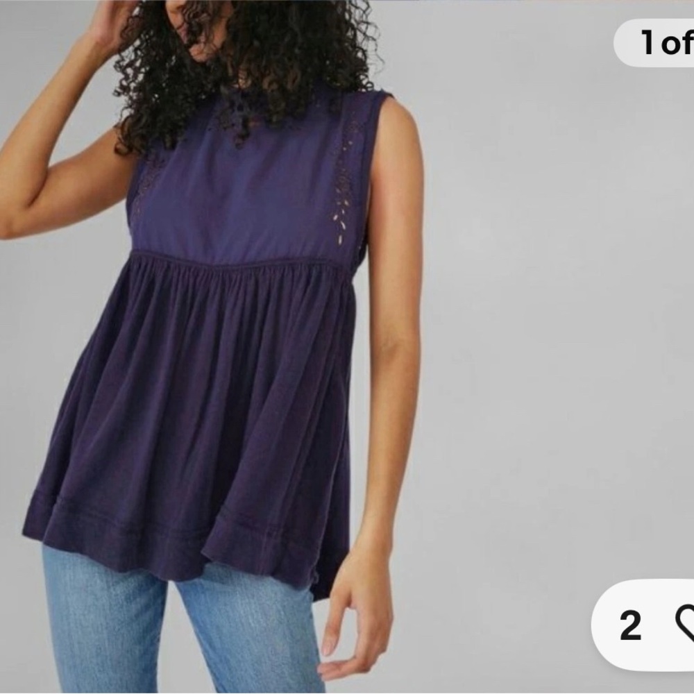 Free People Linen Cotton Bella Babydoll Top/Dress Eyelet Blue XL